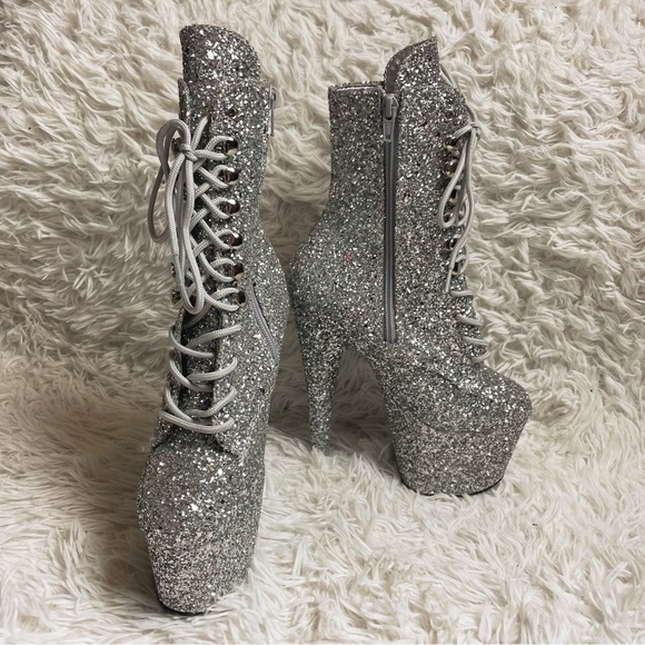 Pleaser Shoes - Silver Glittery Pleaser Adore-1020Gwr Platform Boots Dolls Kill